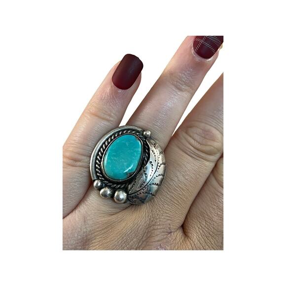 Vintage Turquoise Sterling Silver Native American Navajo Ring Sz 6.5 - Picture 9 of 9